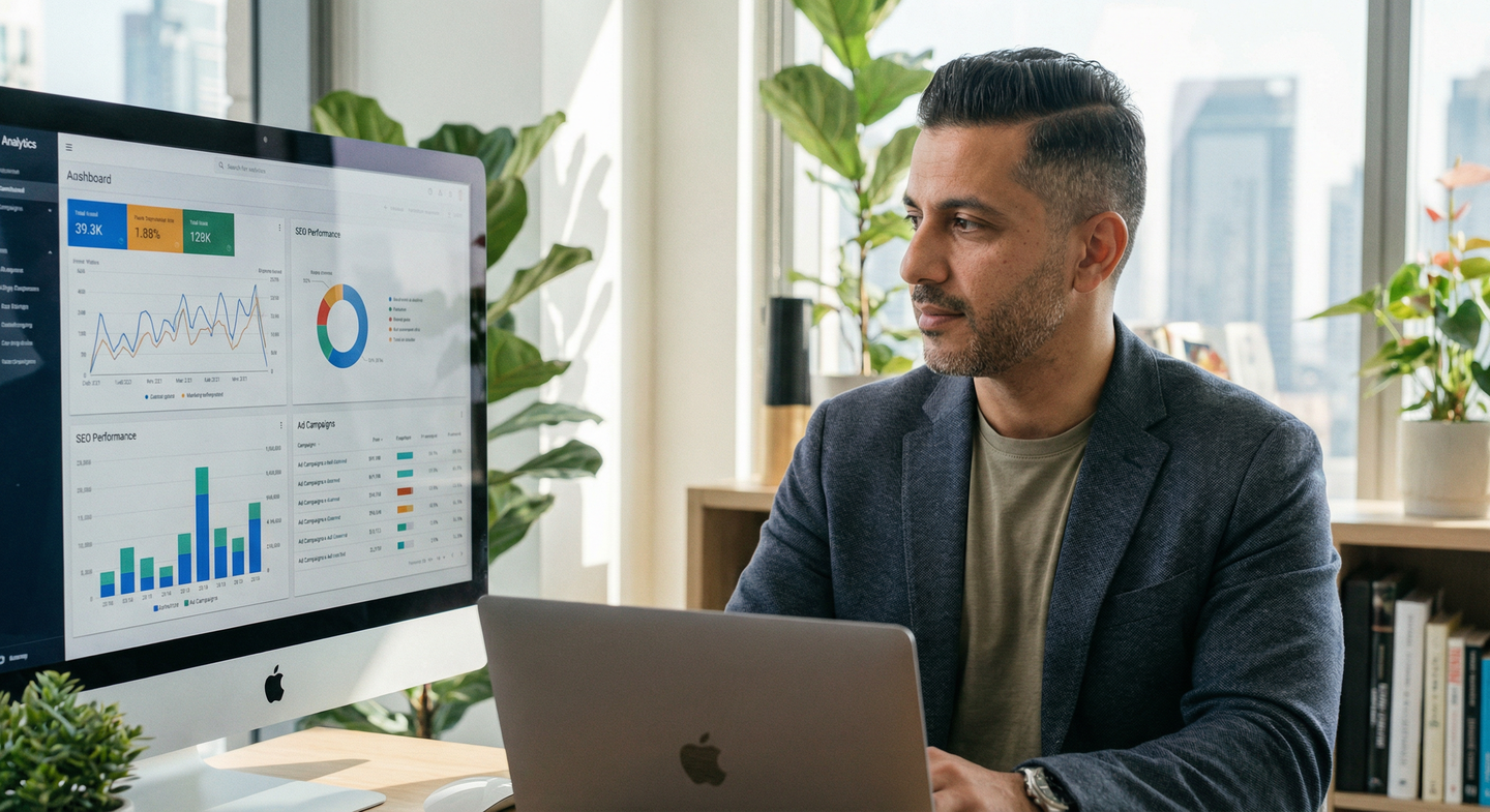 مستشار تسويق رقمي يعمل على تحليل البيانات