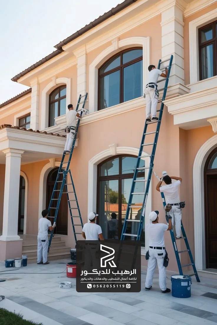 عمال متخصصون ينفذون طلاء خارجي لفيلا بلون خربزي فاتح